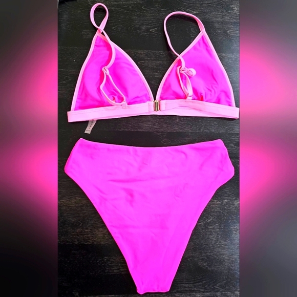 2.🆕Neon Pink Triangle High Cut Bikini Set –Criss Cross High Waisted Bottom NWOT - Picture 3 of 3